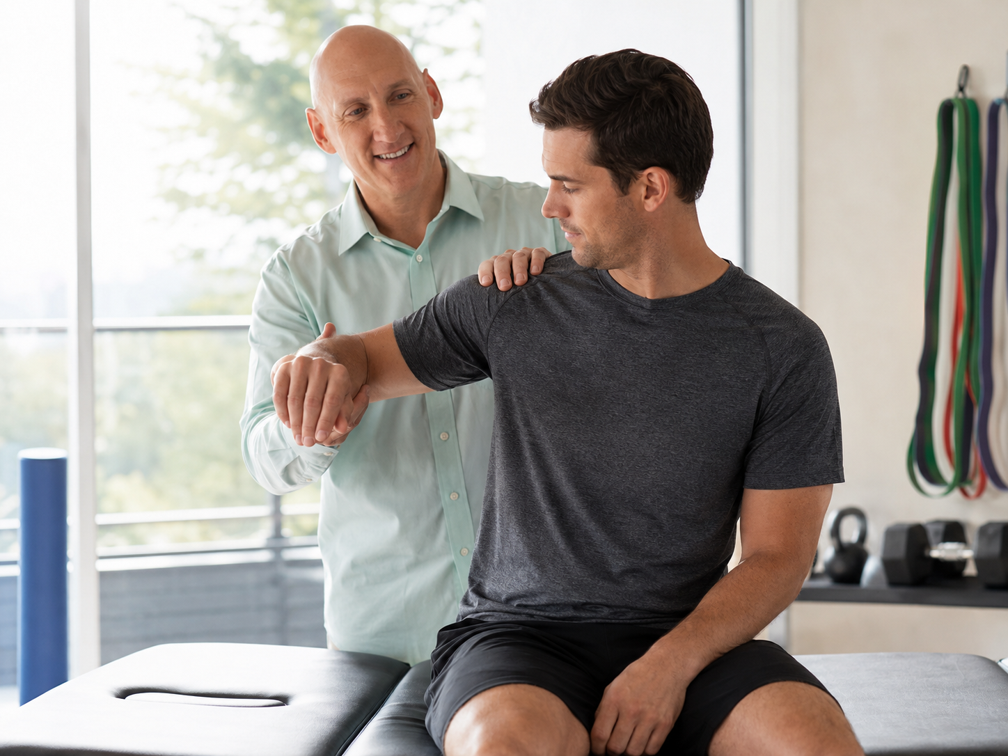 Dr. Paul Given assessing an athletic patient's shoulder in clinic