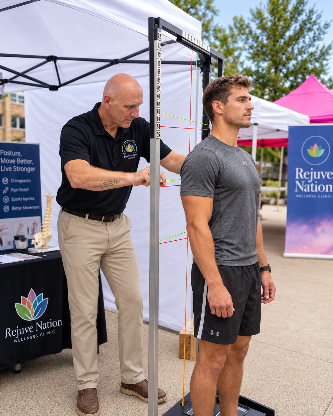 Dr. Paul Given performing a postural assessment on a patient at a community wellness event