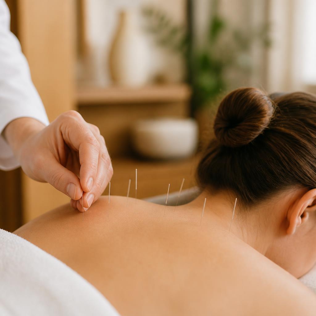 Fine acupuncture needles placed along a patient's upper back