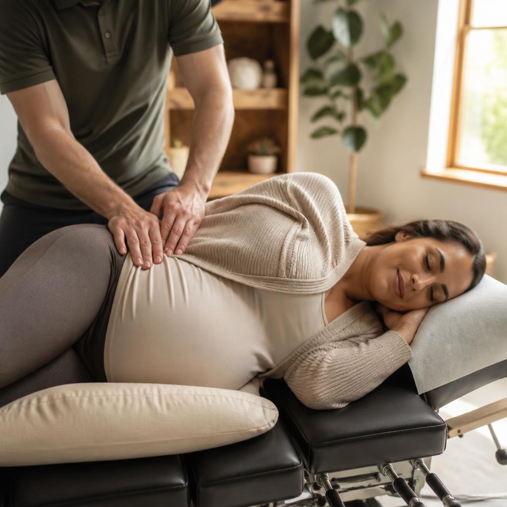 Pregnant woman receiving gentle prenatal chiropractic care